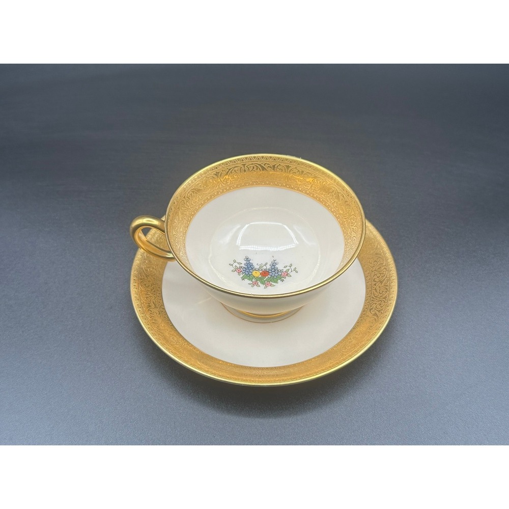 Antique Lenox Porcelain Teacup Saucer Set Gold Encrusted Floral Cream China